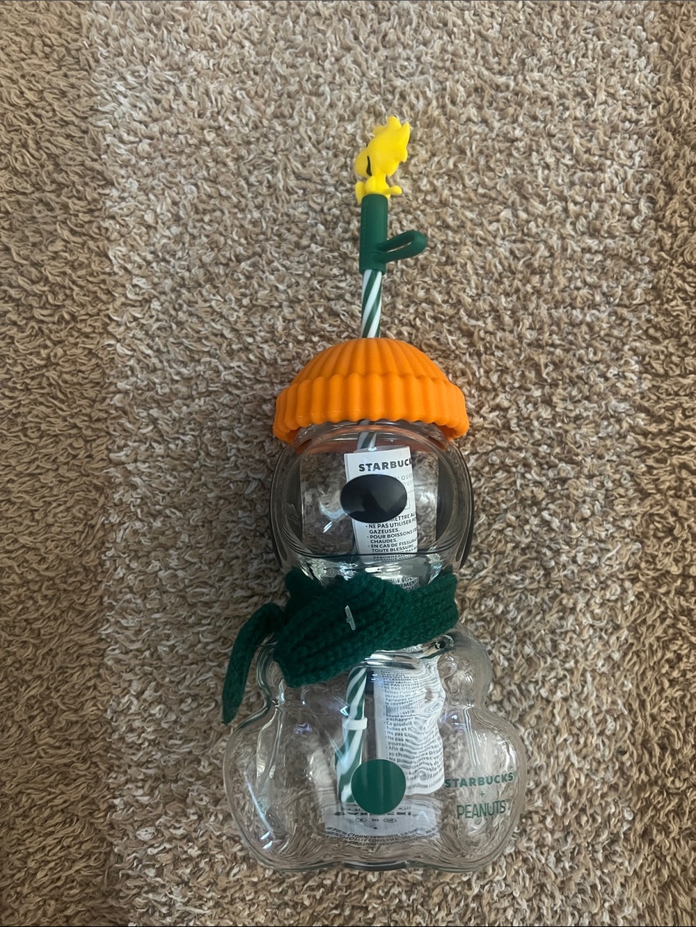 Starbucks Clear Snoopy Glass Tumbler with Orange Hat, Green Scarf and Woodstock